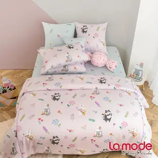 【La mode寢飾 】花貓DoReMi環保印染100%精梳棉兩用被床包組(雙人)