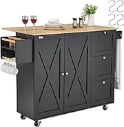 VEVOR Kitchen Island Cart, 56" Wood Top Mobile Carts with Storage Cabinet, Rolling Table with Drop Leaf, Spice Rack, Towel Bar, Adjustable Shelf, Drawer, and Hooks, Portable Islands on Wheels, Black