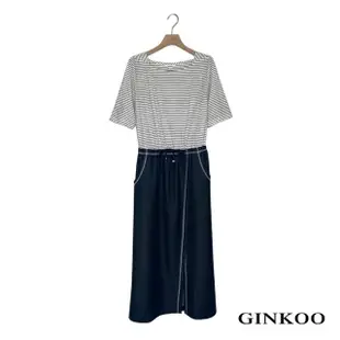 【GINKOO 俊克】條紋牛仔拼接洋裝