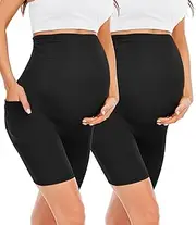[Happy.angel] 2 Pack Maternity Shorts Over Belly, Black High Waisted 8" Pregnancy Workout Biker Shorts with Pockets