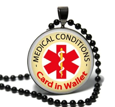 Medical Alert Medical Conditions Card in Wallet Necklace Glass Top Pendant Chain