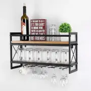 Wine Rack Stemware Glass Rack,Industrial 2-Tier Wood Shelf,Wall 24in Black