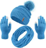 Womens Winter Warm Sets Knitted Fur Pompoms Beanie Hat Circle Loop Scarf Touch