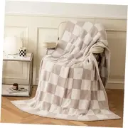 Ultra Soft Cozy Checker Checkerboard Microfiber Knitted Throw 50“x60” Cream