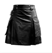 Men's Leather Black Utility Kilt Twin CARGO Pockets Pleated with Twin Buckles