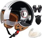 3/4 Motorcycle Helmet, Retro Open-Face Half Helmet Adult Motorbike Moped Cruiser Helmets Men Women Scooter Helmet Vintage Style ECE Approved C,S=55-56M