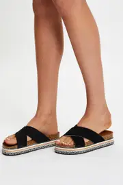 Black Cross Over Platform Sliders - Size 9, Women's Shoes