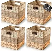 [Chi An Home] Wicker Storage Cubes, 13x13 Baskets for Cube Shelf, Set of 4 Heavy Duty Hyacinth Baskets for Shelves, Natural Foldable Square Baskets for IKEA Kallax, Large Woven Storage Basket, 4 Pack, AMZ003L