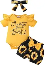 [MA&BABY] Baby Girl Summer Outfits Letter Print Short Sleeve Rompers Sunflower Print Shorts Headband 3Pcs Clothes Set