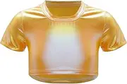 [Jugaoge] Kids Girls Shiny Metallic Short Sleeve Tee Shirt Hip Hop Jazz Dance Crop Top Cheer Performance Costume