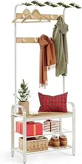 VASAGLE Coat Rack, Coat Stand with Shoe Storage Bench, 4-in-1 Design, with 9 Removable Hooks, a Clothes Rail, for Hallway, Entrance, 33.7 x 72 x 183 cm, Modern, Oak and Cream HSR40W