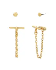 Allsaints Stud & Toggle Chain Front to Back Earrings in Silver Tone or Gold Tone, Set of 2