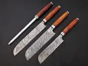 Custom HandMade Chef Knife Set (4-PCS) in Damascus Steel with Leather Bag