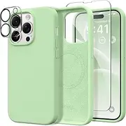 GONEZ for iPhone 14 Pro Max Case Silicone, Compatible with MagSafe, with Screen Protector + Camera Lens Protector, Liquid Silicone Shockproof Protective iPhone 14 ProMax Case 6.7", Green
