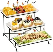 3 Tier Serving Stand Porcelain Serving Platter Tier Serving Trays with Collapsible Sturdier Rack, Serving Dishes and Platters for Party, Christmas, Entertaining, Black