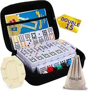 Double 15 Dominos Set Mexican Train Dominoes with Color Dot Dominos Family Board Games 136 Colored Tiles with Portable Lightweight EVA Case
