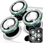 2 Pack Camera Lens Protector for iPhone 16 Pro Max,[1 Step Installation Tray] Individual Metal Ring Bling Diamond Cover with 9H Tempered Glass Camera Lens Protector (Diamond-Green, 16 Pro/16 Pro Max)