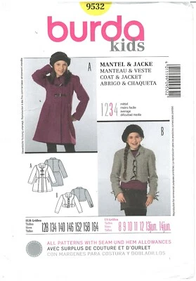 Burda Kids 9532 Coat & Jacket sizes 8-14junior sewing pattern uncut