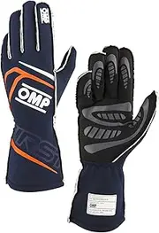 OMP Racing Driving Gloves, First, FIA Approved, Single Layer, Fire Retardant Fabric, Navy Blue/Fluorescent Orange, Medium, Pair