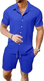 [Maiyifu-GJ] Men's Summer 2 Piece Beach Outfits Short Sleeve Button Down Cotton Linen Shirts and Shorts Sets for Men, Blue, Small