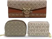 [EIOYUMY] Womens Wallet,Popular Purse Set for Women's Casual Includes A Triple Fold Women's Purse and Two Small Women's Wallets with Multiple Slots, khaki, Large, Letter Cartoon Western