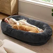 Nikuwaxi Human Dog Bed, 180x105x32 cm, Grey, Velvet & Fur, Memory Foam, Rectangular with Bolster, Large, Indoor & Travel, Layered/Multi-component
