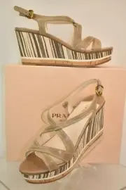 PRADA 1XZ219 BEIGE BROWN WOODEN LEATHER WEDGE PLATFORM SLINGBACK SANDALS 40.5