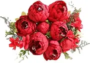 10 Heads Peonies Artificial Flowers, 17-1/2" Long Vintage Silk Fake Peony Bouquet for Home Garden Decoration Office Verandah Wedding Decorations (red)