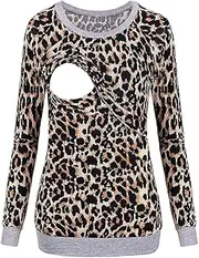[ZSQBQ] Women Breastfeeding Pregnancy Shirt Tops Long Sleeve Leopard Printed Maternity Mommy Nursing Clothing