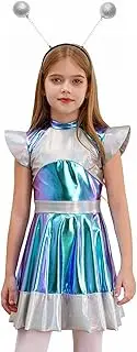 [Choomomo] Girls Alien Astronaut Outfit Sparkly Metallic Dance Dress With Alien Headband Kids Outer Space