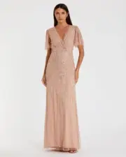 Mac Duggal Sz 6 Nude Pink 35109 Flutter Sleeve Sequin Beaded Formal Gown Dress