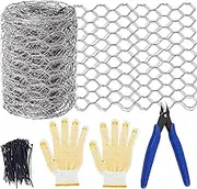 Glarks 103Pcs 117 x 3.9inch Chicken Wire Netting and Tools Set, Hexagonal Galvanized Mesh Wire Fencing Mesh Poultry Garden Fence Barrier with Cutting Pliers, Cable Ties, Anti-Cutting Gloves Set