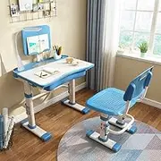 Cantonape Kids Desk and Chair Set, Height Adjustable Children School Study Desk with Tilt Desktop, Bookstand, LED Lamp, Metal Hook and Storage Drawer for Boys Girls, Blue