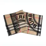 【BURBERRY 巴寶莉】BURBERRY時尚英倫風格紋 LOGO 設計喀什米爾羊毛圍巾(經典米X黑)