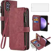 [Asuwish] Phone Case for Samsung Galaxy S23 FE 5G Wallet Cover with Tempered Glass Screen Protector and Leather Flip Credit Card Holder Stand Lanyard TPU Cell Accessories S 23 EF S23FE 23S Women Men Red