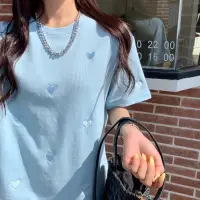 在飛比找蝦皮商城優惠-短袖T恤女2023年夏裝新款洋氣圓領愛心刺繡寬鬆韓版上衣跨境