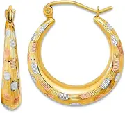 [JewelryWeb] 14k Polished White and Rose Rhodium Satin And Sparkle Cut Hoop Earrings 22.63x20.55mm Wid-Hoop Earring for Women