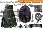 Scottish Men's Handmade Hunting Stewart Tartan 8 Yard Kilt & antique Accessories