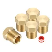 5pcs Brass Pipe Fitting Hex Head Plug 1/8" NPT with PTFE Tape, Gold Tone