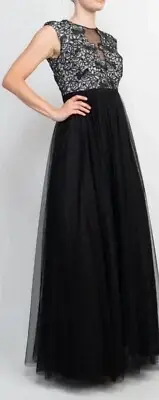 AIDAN MATTOX Embroidered Sleeveless Evening Gown Womens 2 Cap Sleeve Black NEW