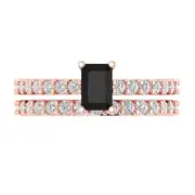 1.41 Emerald Round Cut Natural Onyx Promise Bridal Ring Band set 14k Rose Gold