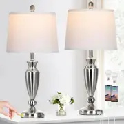 Metal Table Lamps Set of 2, 3 Way Touch Control Silver Bedside Lamps with USB A+