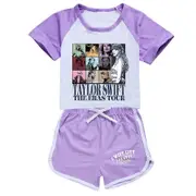 11-16 Years Kids Teens Boys Girls Taylor Swift Printed T-shirt + Shorts Summer Loungewear Sports Outfits Sets Gift -NMAOV Purple 11-12 Years
