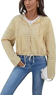 [OLRAIN] Women Buffalo Hoodie Plaid Shirt Roll Up Long Sleeve Button Down Drawstring Casual Boyfriend Spring Fall Blouse Top