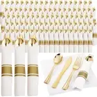 120 Pack Gold Plastic Silverware,Wrapped Plastic Cutlery Set with Napkin,Gold...