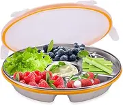 ASTIMESA Divided Serving Tray with Lid 6 Compartments, 10.4 Inch Stainless Steel Round Veggie Tray, Reusable Snack Box Container Fruit Platter Parties Fridge Food Storage Picnic (1 pcs)