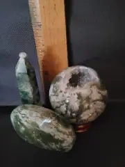Moss Agate Quartz Crystal Tower / Point, Sphere, & Palm Bundle