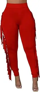 [Choichic] Women's Casual High Waist Fringed Pants Elastic Waist Bodycon Pants Tassels Side Long Pants Jogger Sweatpant