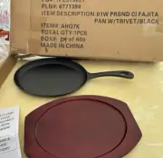 NEW 2 Pc Preseasoned Black Cast Iron Fajita Pan With Wooden Trivet