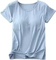 [Flenwgo] Women's Modal Built-in Bra Padded Active Camisole Short Sleeves Pajama Casual Tops T-Shirt